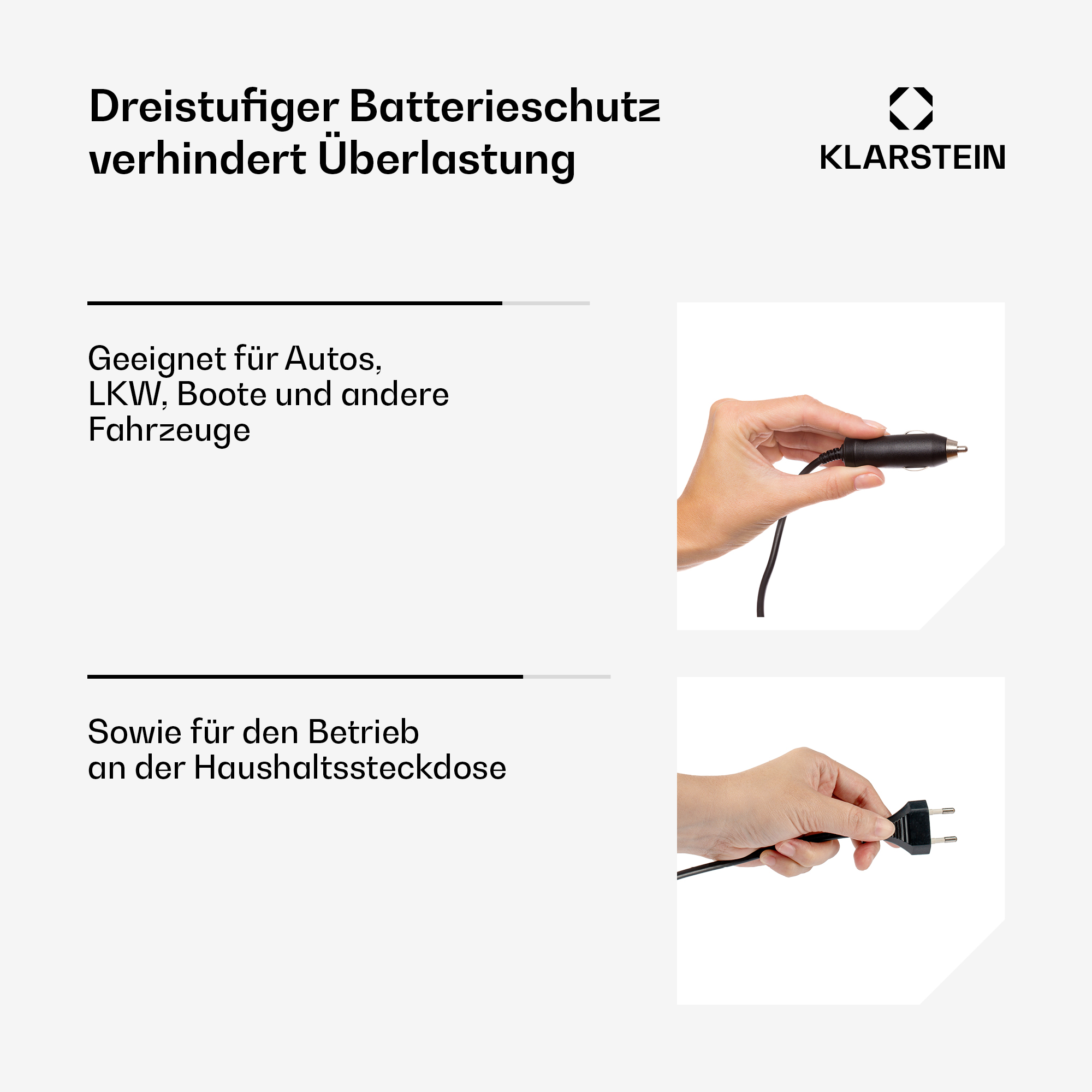 Eine Hand hält einen schwarzen Auto-Zigarettenanzünderstecker. Unten: Hand hält einen Stecker.