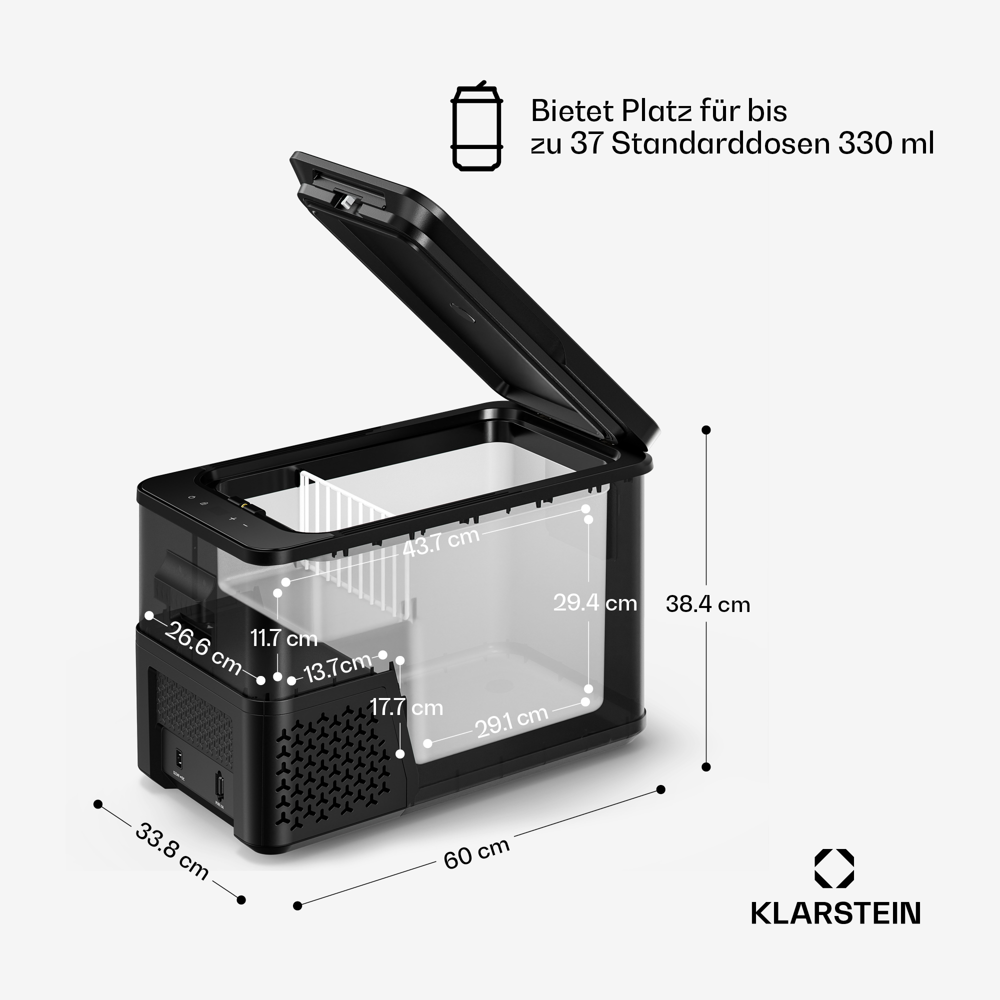 Eine schwarze tragbare Kühlbox mit offenem Deckel zeigt ihre Innenmaße und Kapazität für 37 Dosen, zusammen mit externen Maßen.
