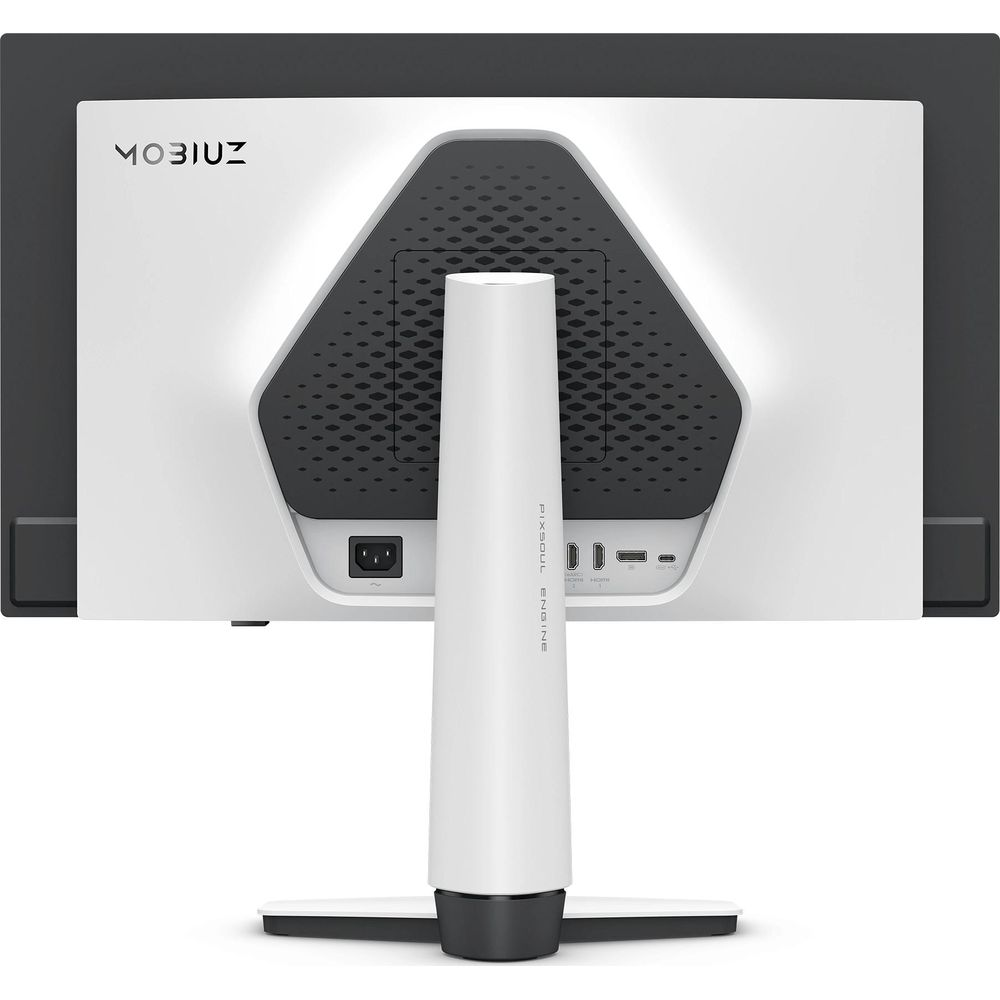 Parte trasera de un monitor blanco con detalles negros y puertos. Incluye logo.