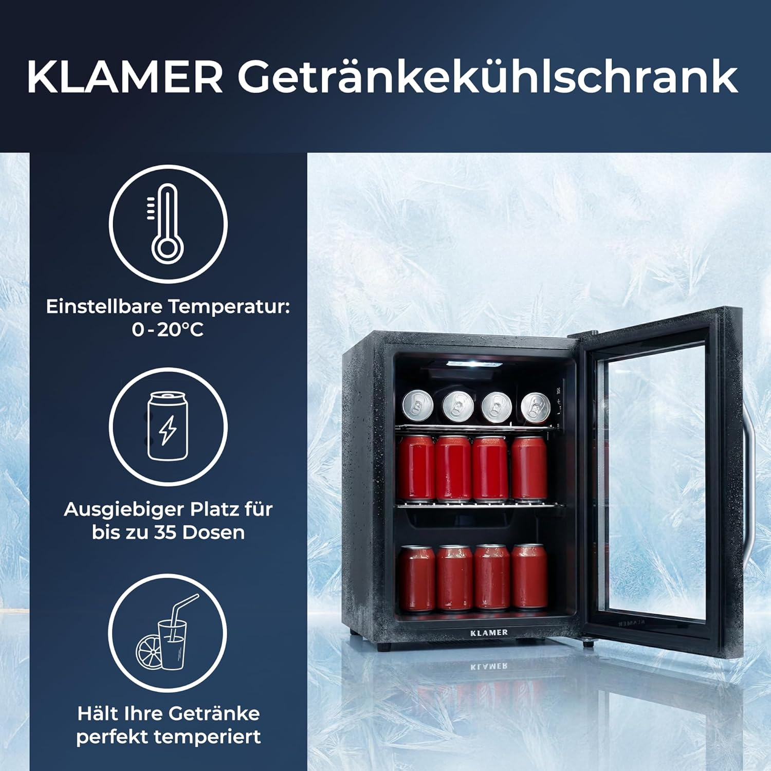 Ein schwarzer Getränkekühlschrank mit offener Tür, gefüllt mit roten Dosen.