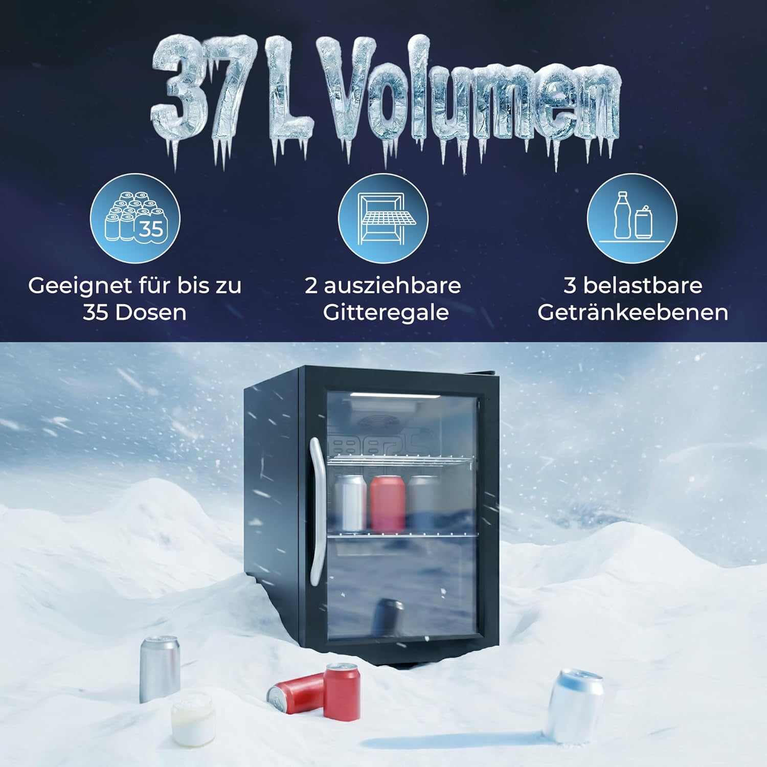 Ein schwarzer Kühlschrank mit 37L Volumen steht im Schnee, daneben sind Getränkedosen.