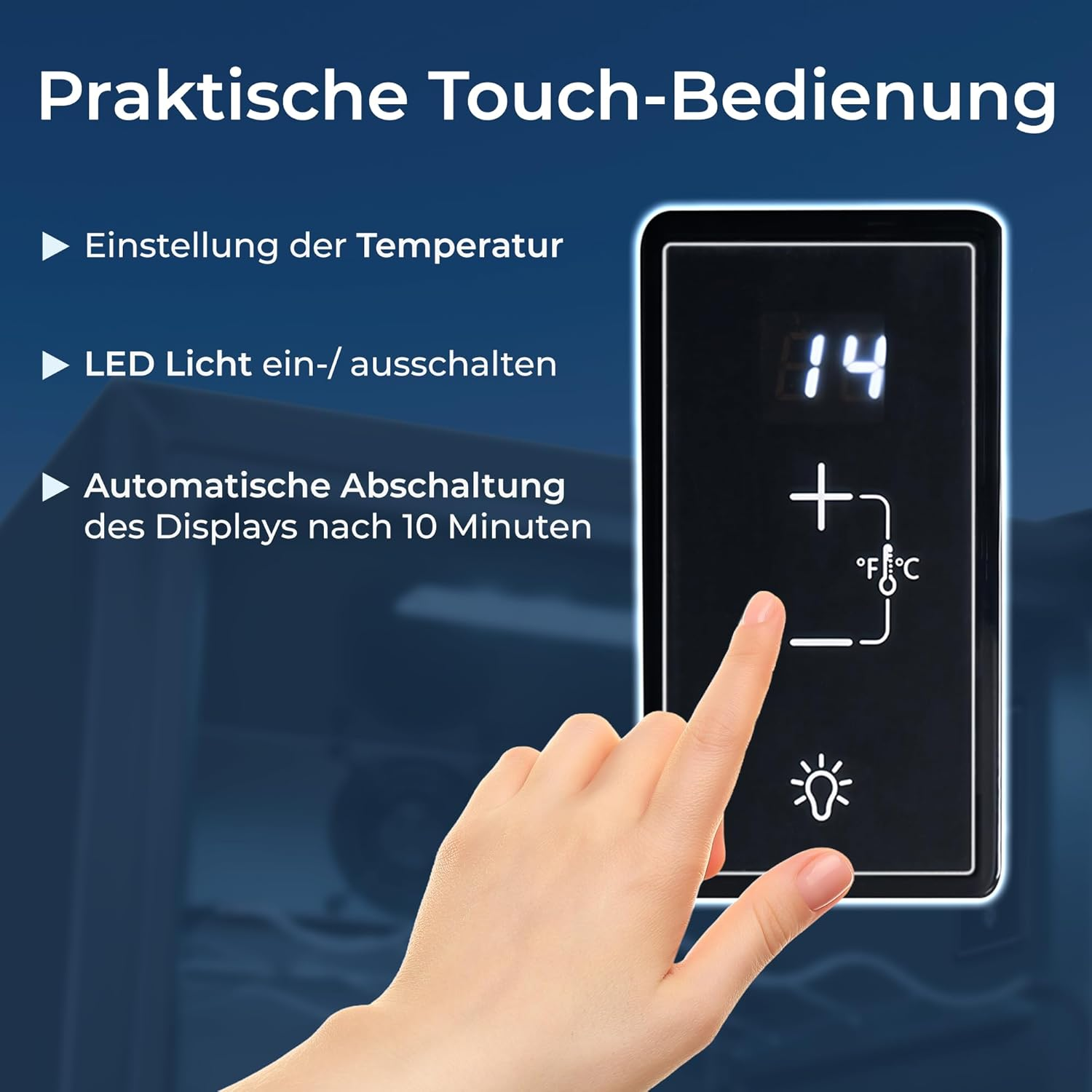 Eine Hand tippt auf ein schwarzes Bedienfeld mit beleuchteten Zahlen „14“, Plus-/Minus-Symbolen und einem Lichtsymbol. Text listet Funktionen auf.