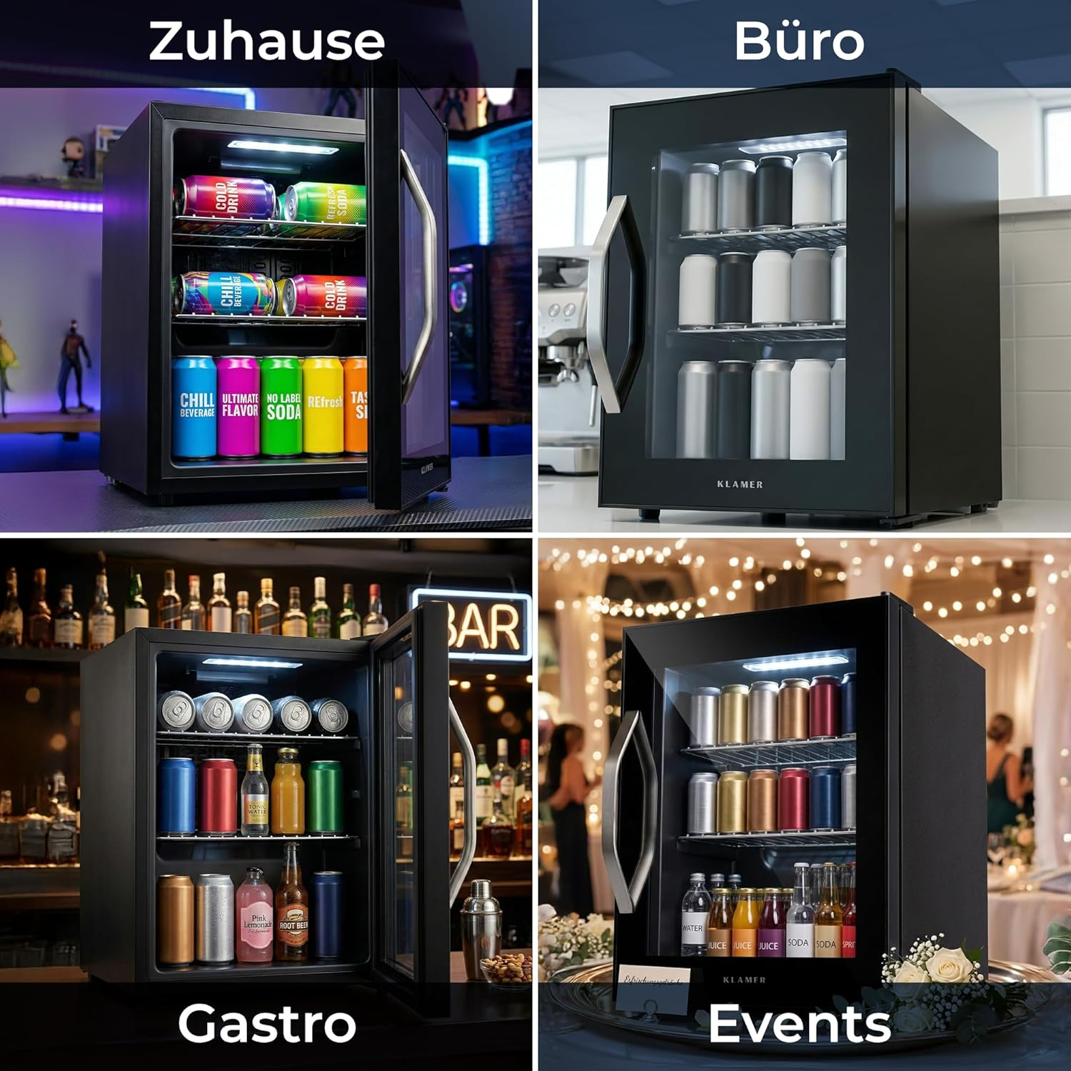 Vier Kühlschränke in verschiedenen Umgebungen: Zuhause, Büro, Gastro, Events.