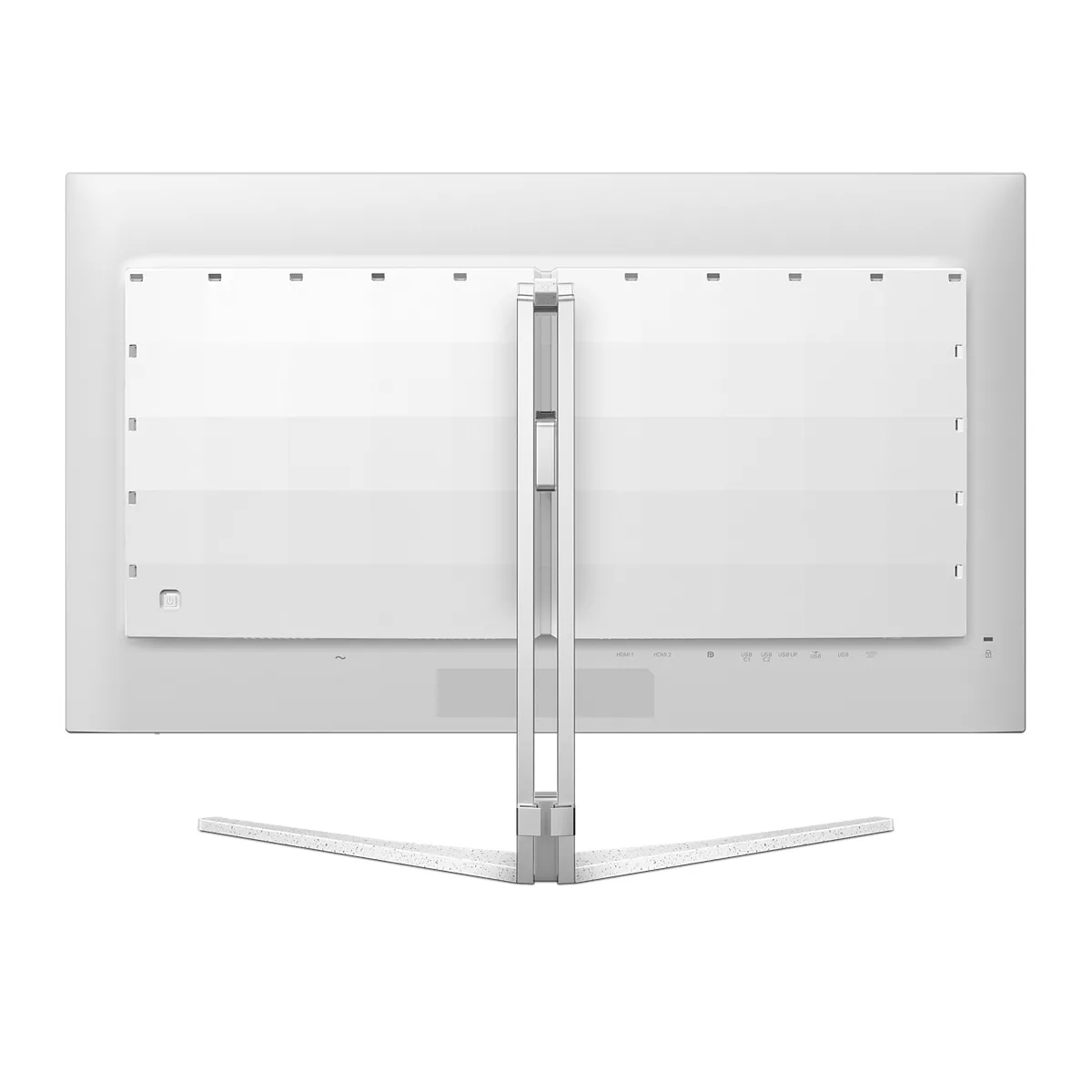 Parte trasera de un monitor blanco con soporte plateado y puertos.