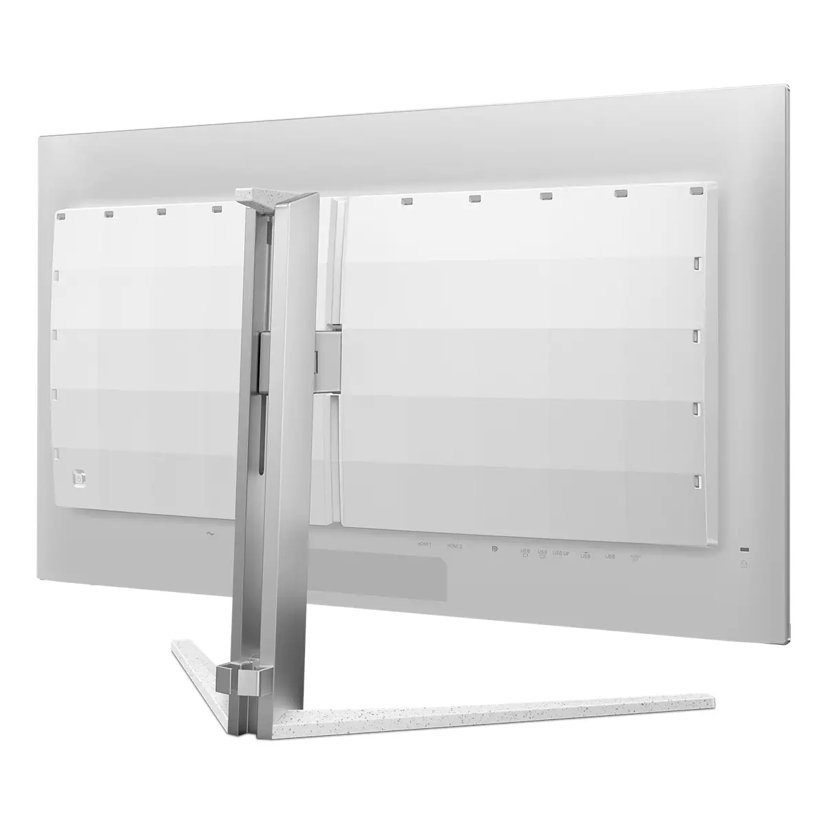 Vista trasera de un monitor blanco con soporte plateado y puertos.