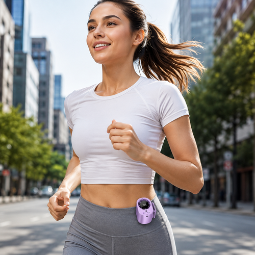 Mujer corriendo en la ciudad, viste top deportivo blanco y leggings grises. Un dispositivo morado se sujeta a su cintura.