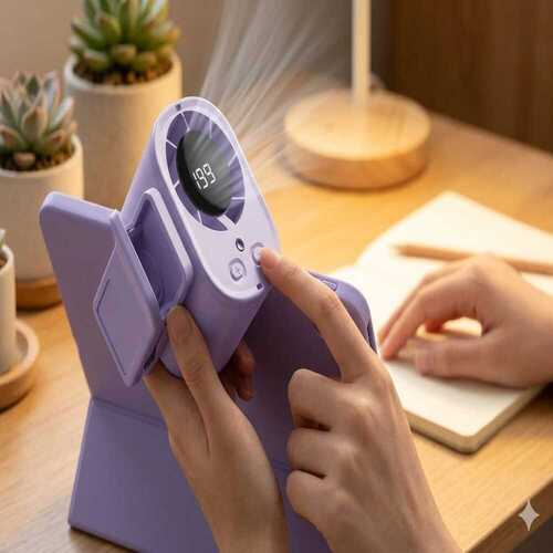 Una mano presiona un botón en un ventilador morado con pantalla digital.