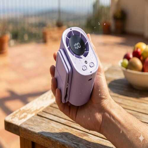 Una mano sostiene un ventilador morado con pantalla digital 100. Al aire libre.