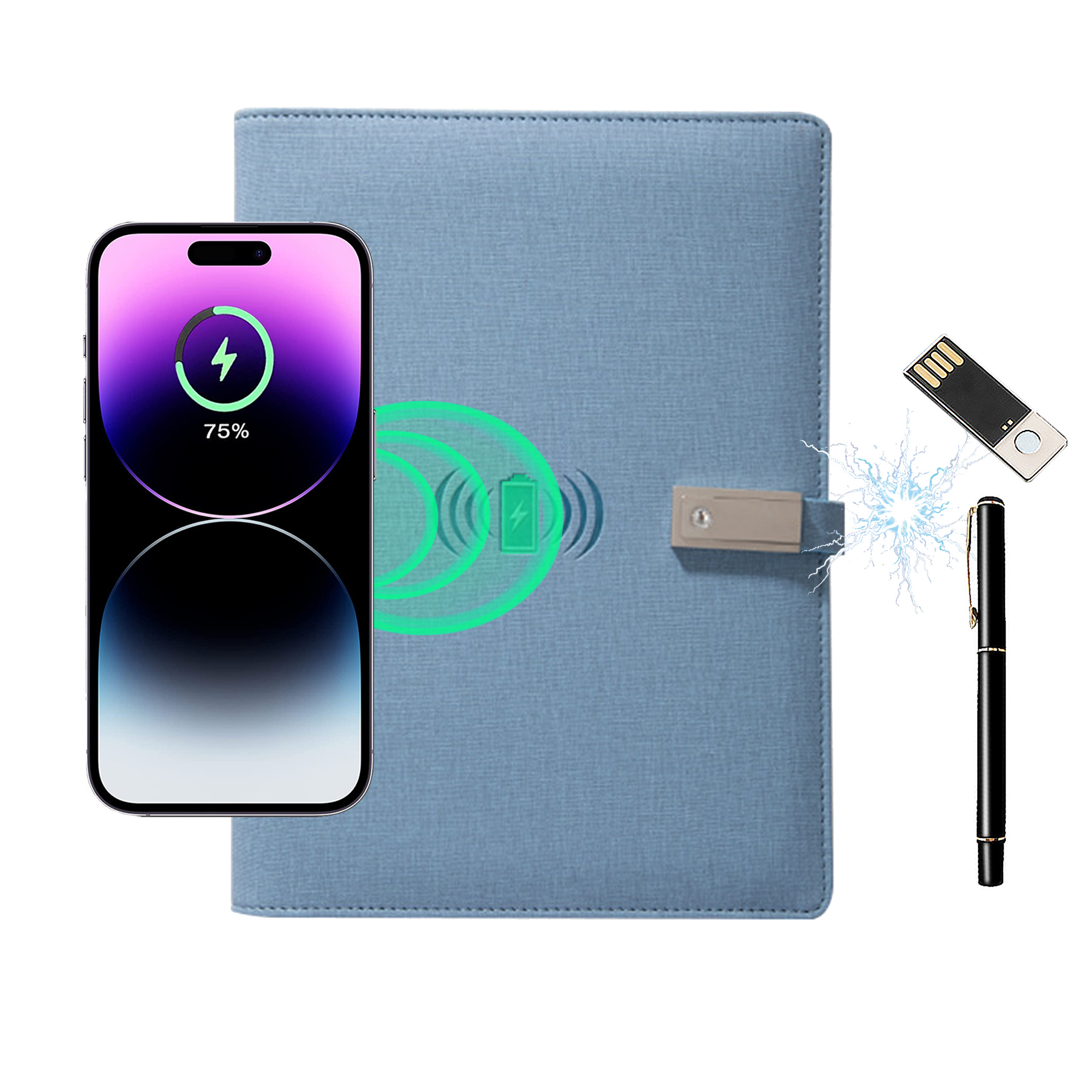 Ein Handy lädt kabellos auf einem blauen Notizbuch, neben einem USB-Stick und einem Stift.