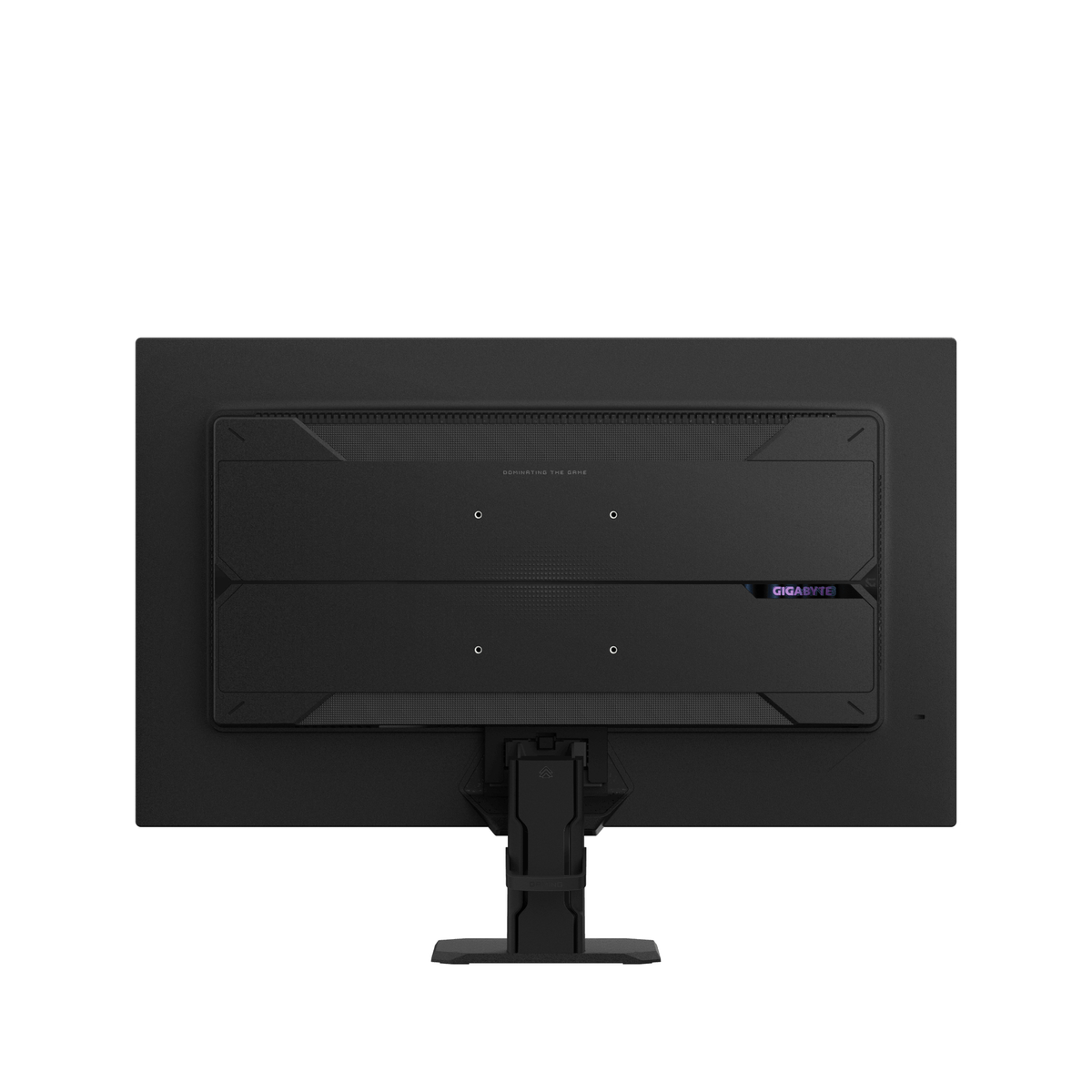 Retro di un monitor nero con logo GIGABYTE e supporto.