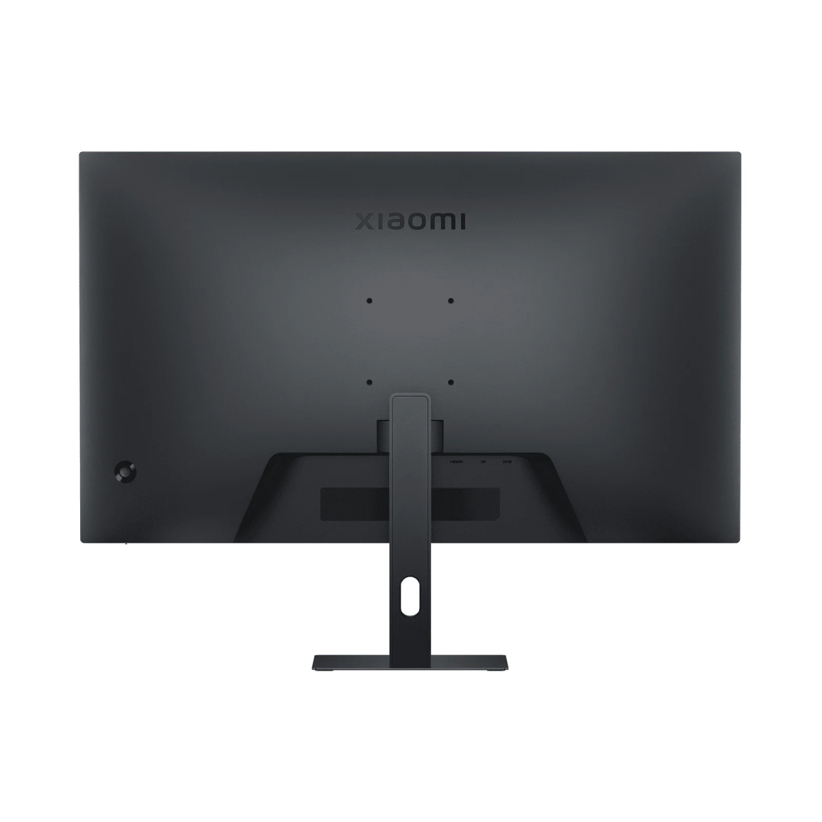 Vista trasera de un monitor negro con logo de Xiaomi y puertos.