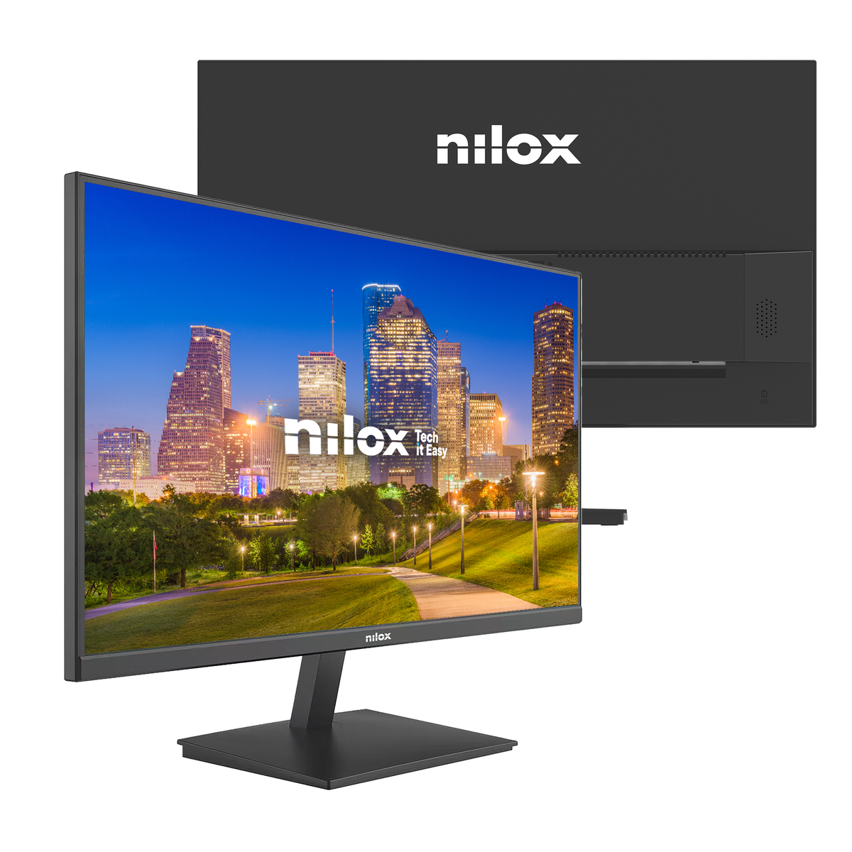 Un monitor nero mostra uno skyline cittadino notturno. Un secondo monitor è dietro.
