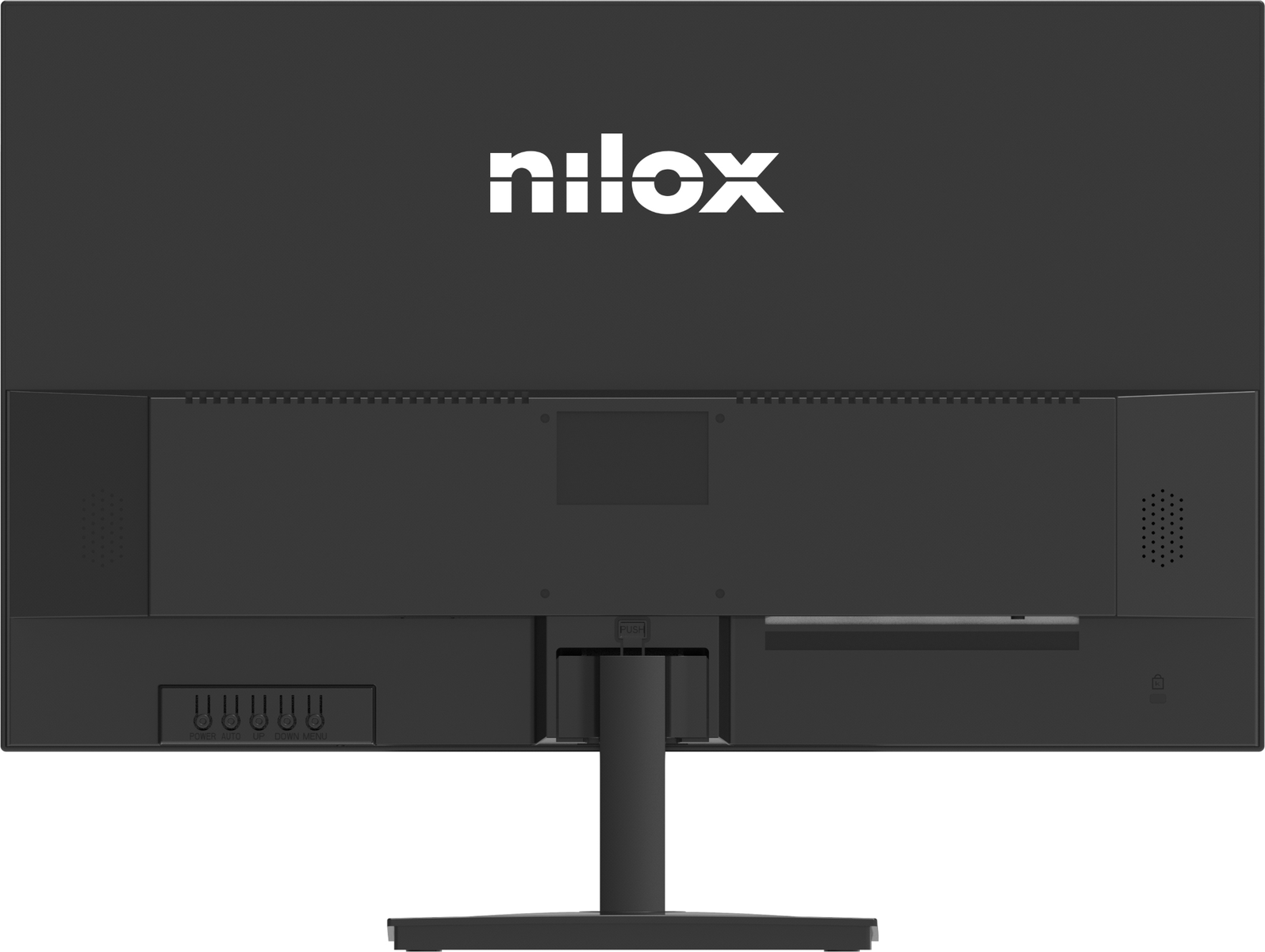 Retro di un monitor nero con logo Nilox e porte.