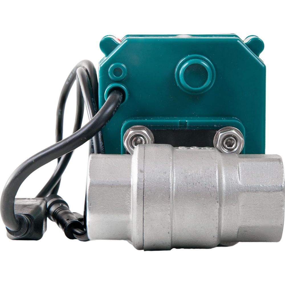 Una válvula de bola eléctrica color verde azulado con cuerpo de metal plateado y cable negro.