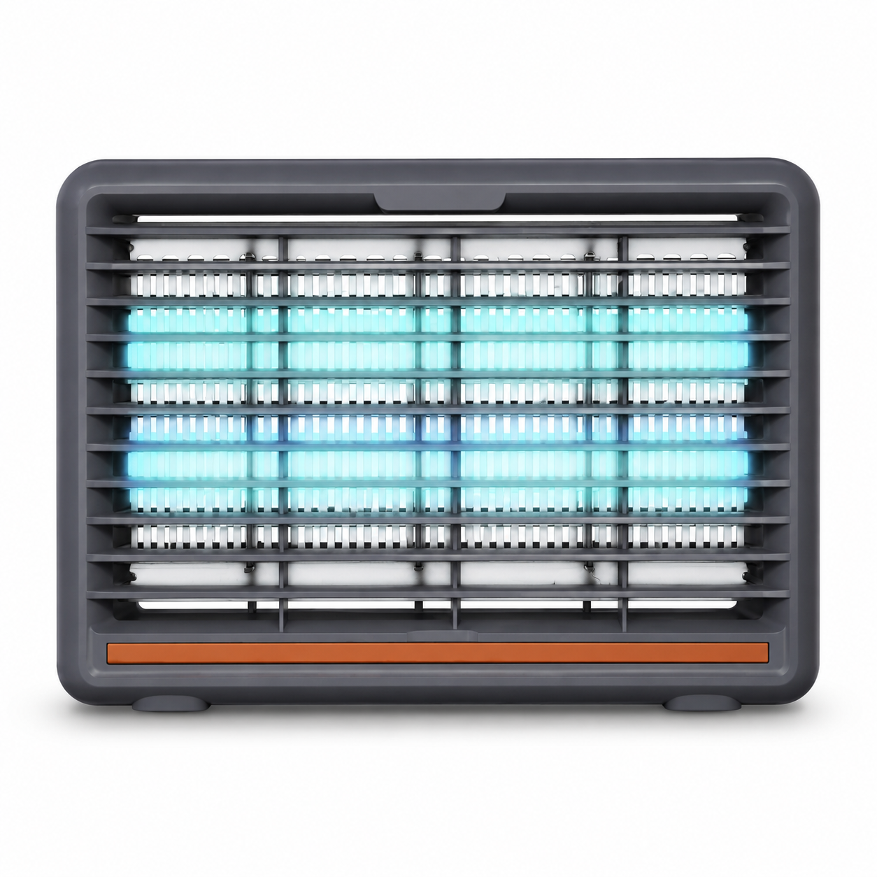 Un matainsectos rectangular gris con tubos de luz azul brillante en su interior está centrado sobre un fondo blanco.