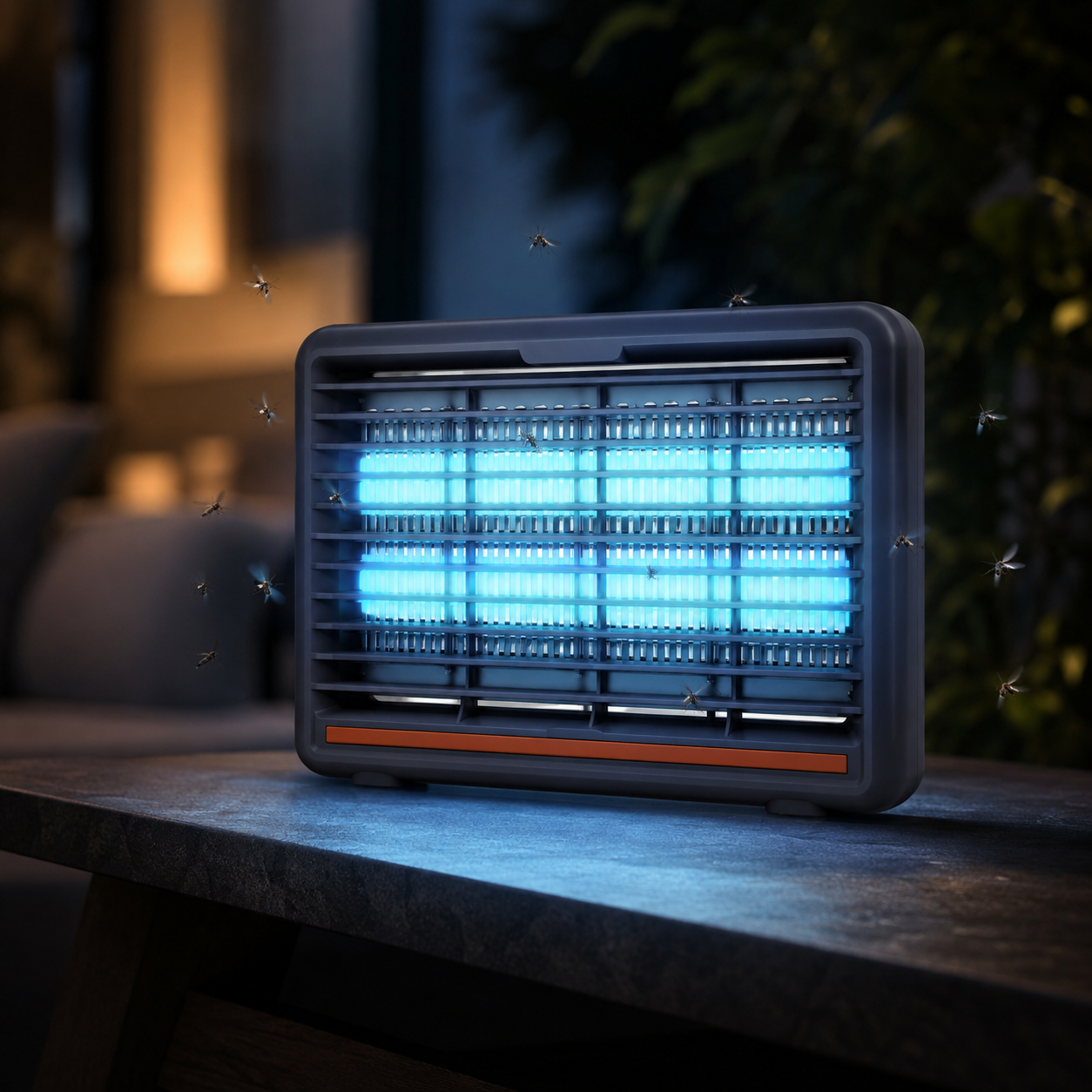 Un mata insectos eléctrico con luces azules sobre una mesa por la noche.
