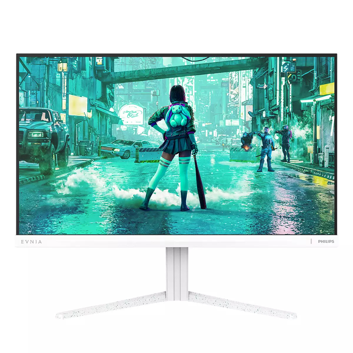 Un monitor blanco muestra una escena callejera cyberpunk con un personaje femenino sosteniendo un bate de béisbol en primer plano.