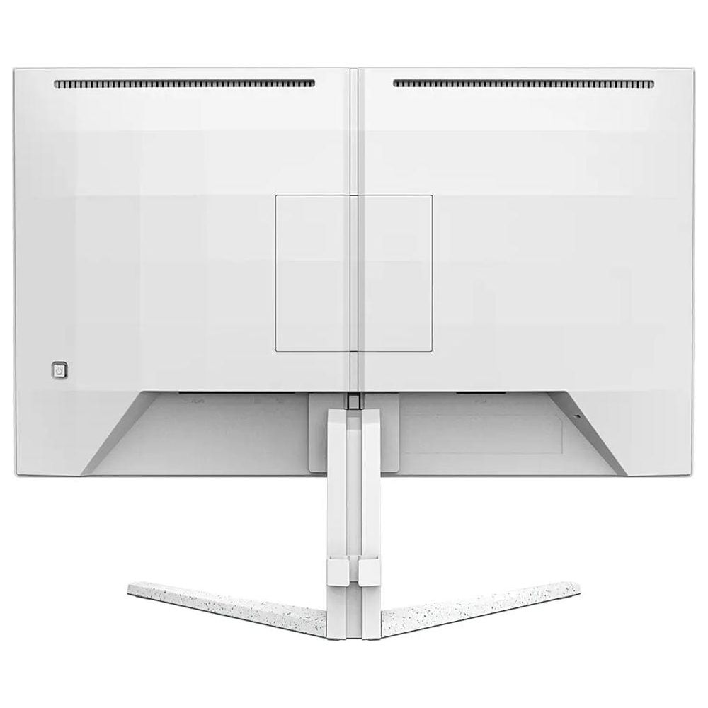 Vista trasera de un monitor blanco con base elegante y ranuras de ventilación.