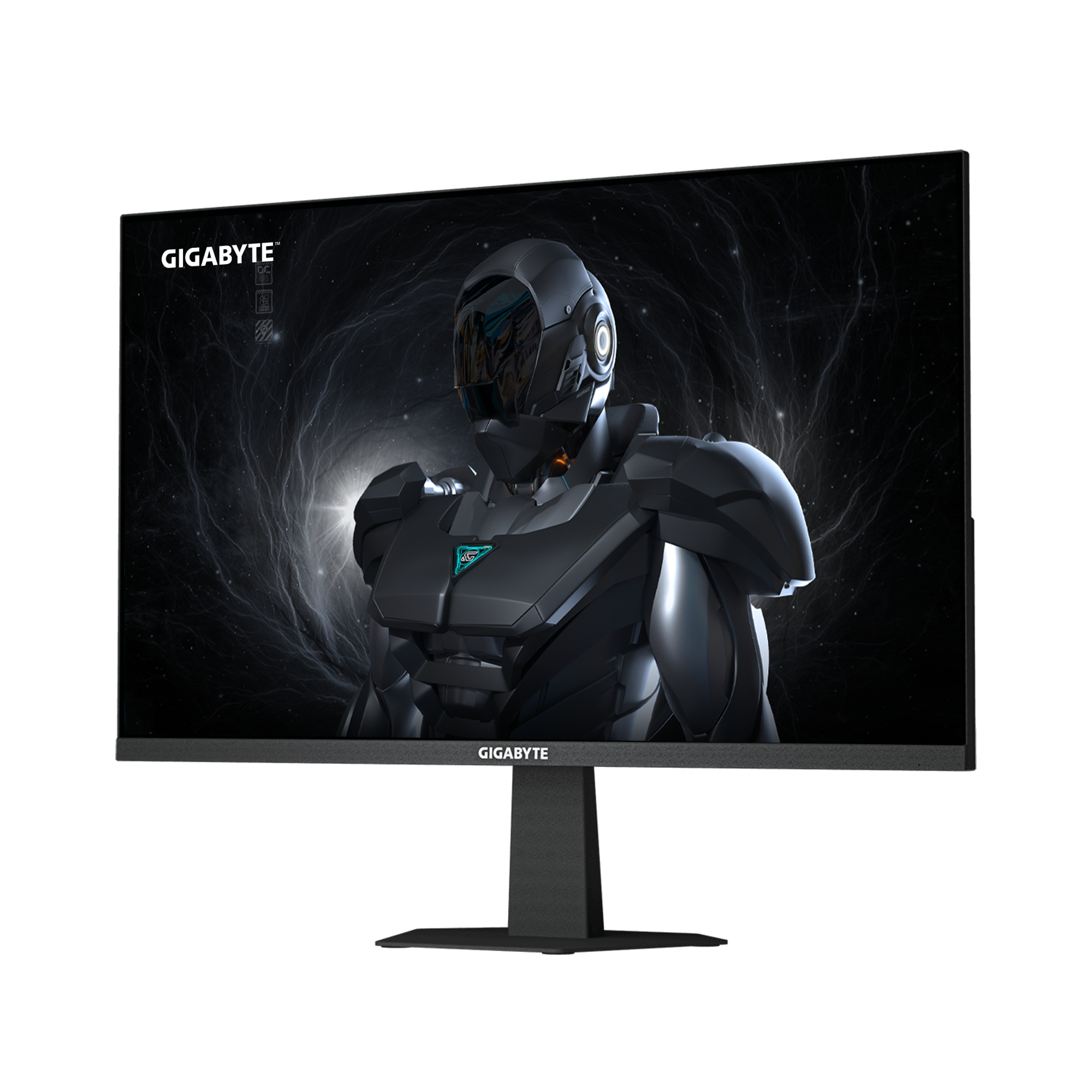 Un monitor GIGABYTE que muestra un fondo de pantalla oscuro y futurista con un robot.