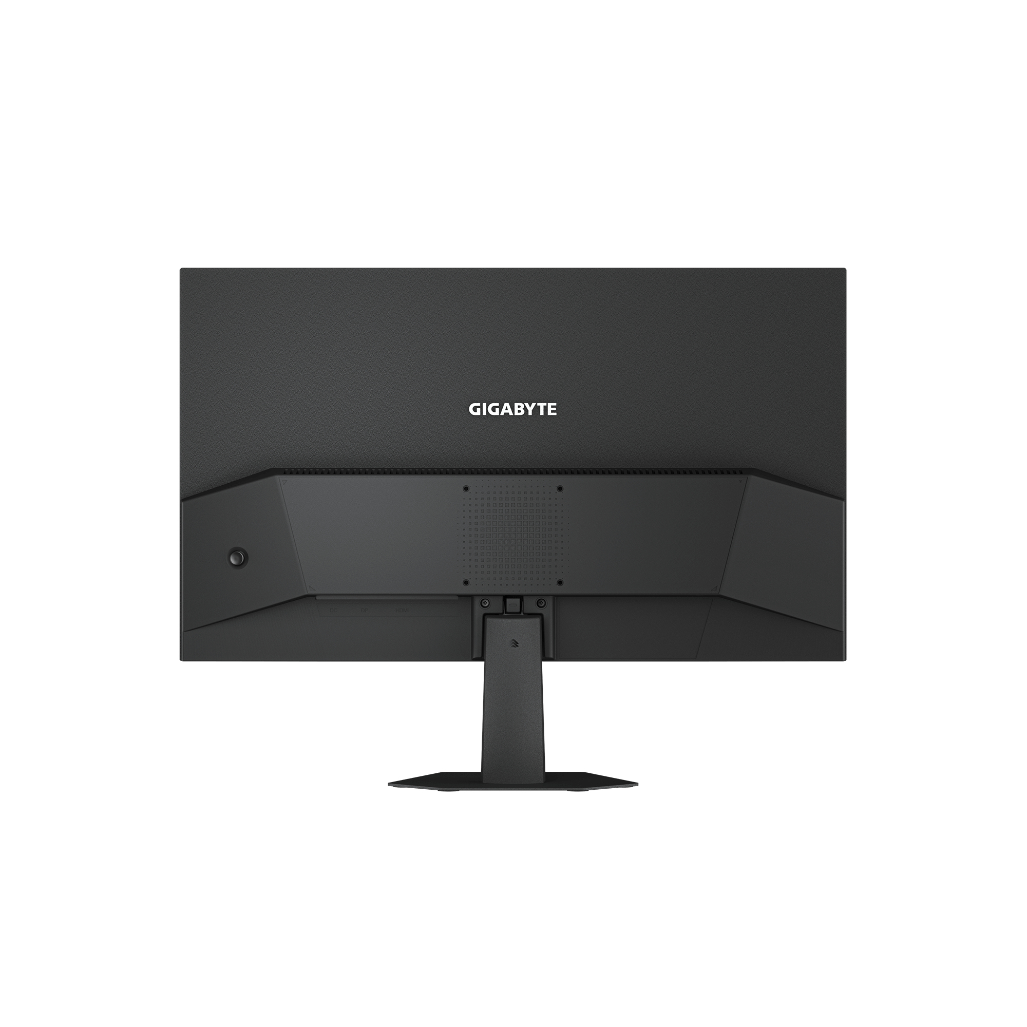 Vista trasera de un monitor negro con el logotipo de GIGABYTE, mostrando el soporte y los puertos de conexión.