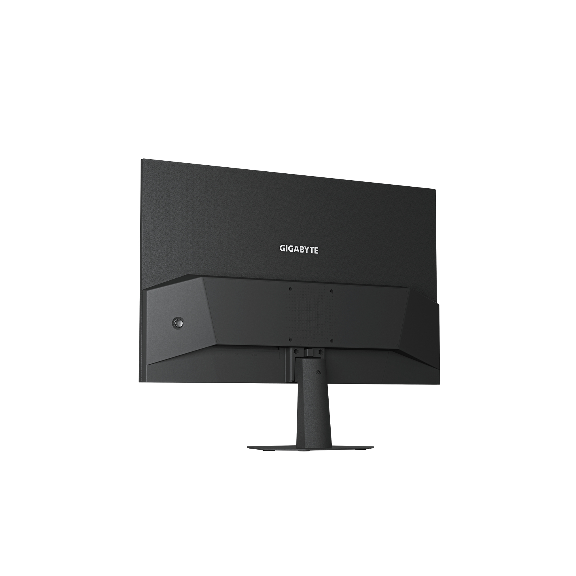 Vista trasera de un monitor Gigabyte negro con bisel delgado y soporte acoplado.
