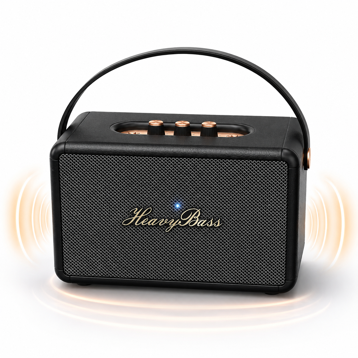 Un altavoz rectangular negro con asa, perillas doradas y el texto "Heavy Bass", emitiendo ondas de sonido naranjas.