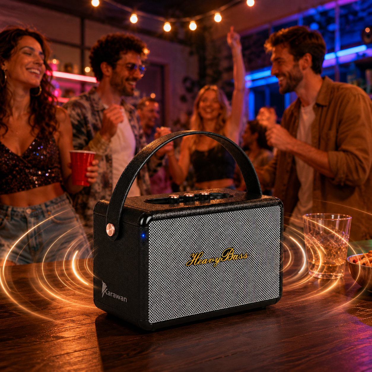 Un altavoz negro con asa en primer plano. Gente bailando en una fiesta al fondo.
