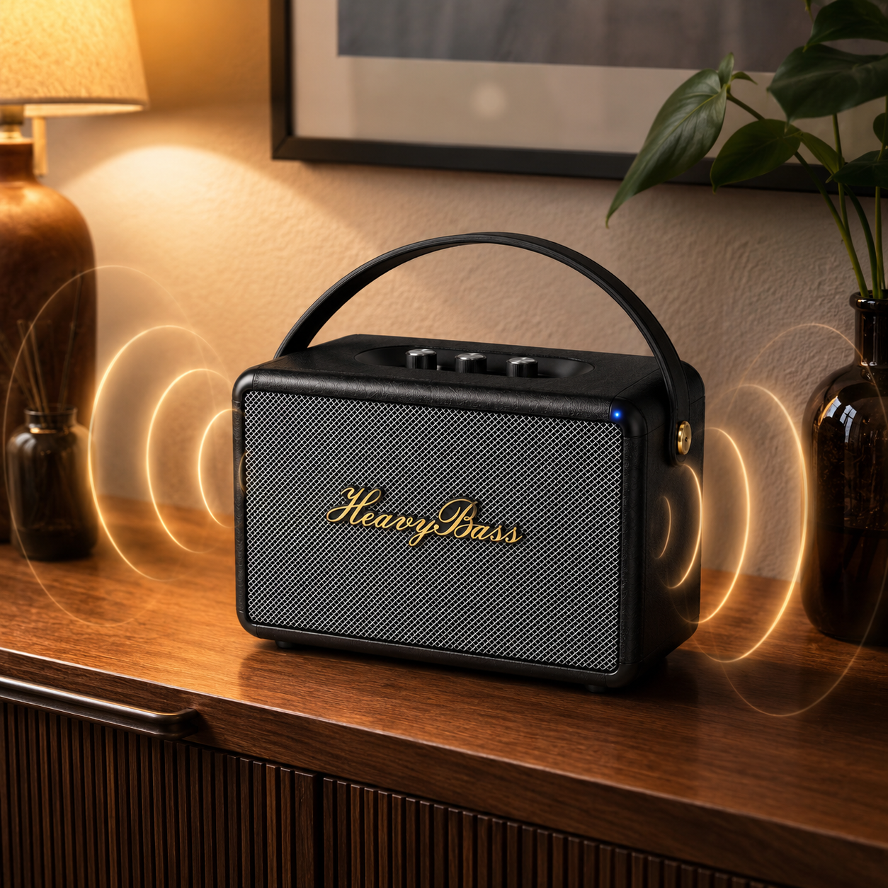 Un altavoz negro con el texto dorado "Heavy Bass" está sobre un mueble de madera, emitiendo ondas de sonido brillantes. Una lámpara y una planta están al fondo.