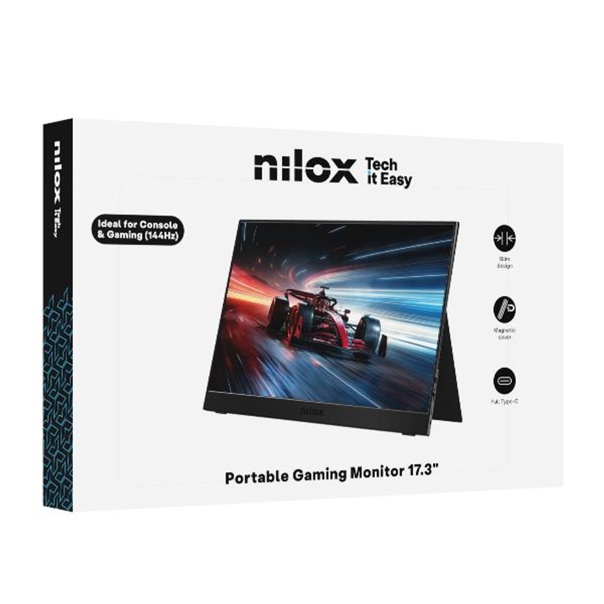 Caja blanca para monitor de juegos portátil Nilox con coche de carreras en pantalla y texto