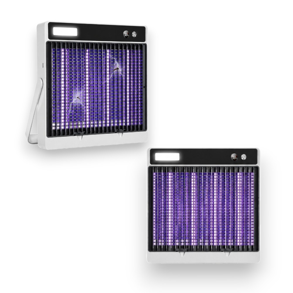 Dos mata insectos UV blancos con luz morada sobre fondo blanco.
