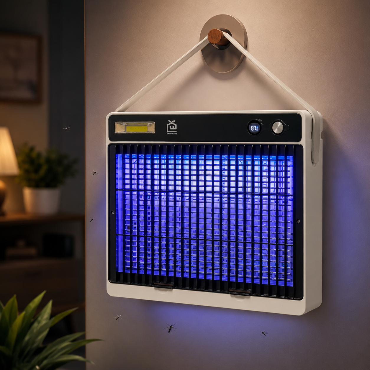 Un mata mosquitos con luz azul cuelga de una pared. Se ven varios mosquitos.