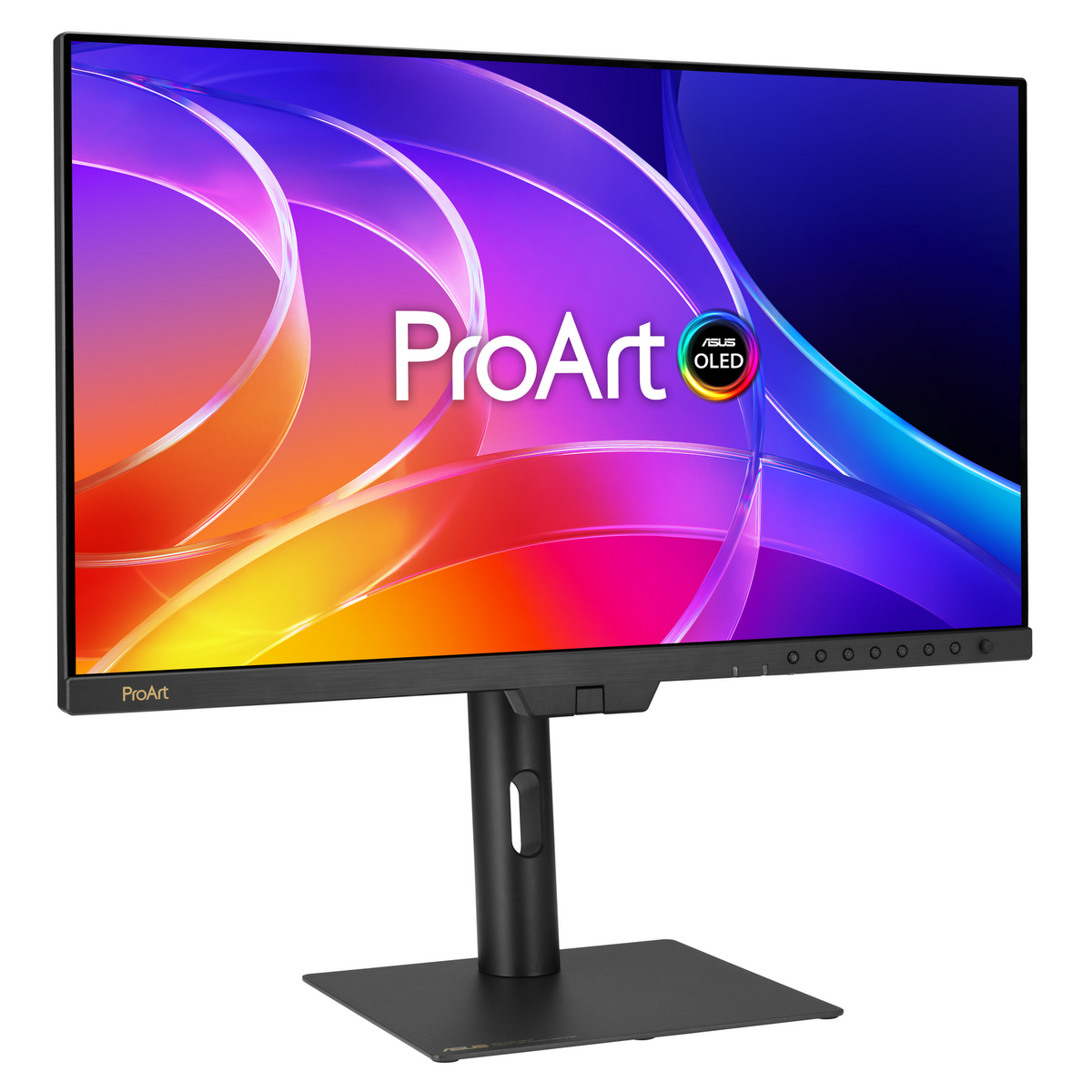 Un monitor Asus ProArt OLED negro que muestra un fondo abstracto y colorido.
