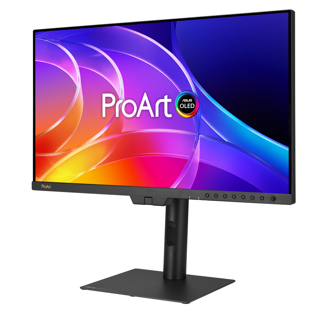 Un monitor negro muestra un fondo vibrante con el logo ASUS OLED.