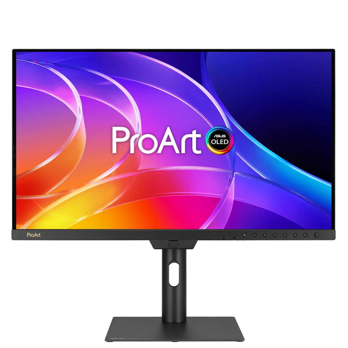 Un monitor Asus ProArt OLED que muestra un fondo de pantalla abstracto y colorido.