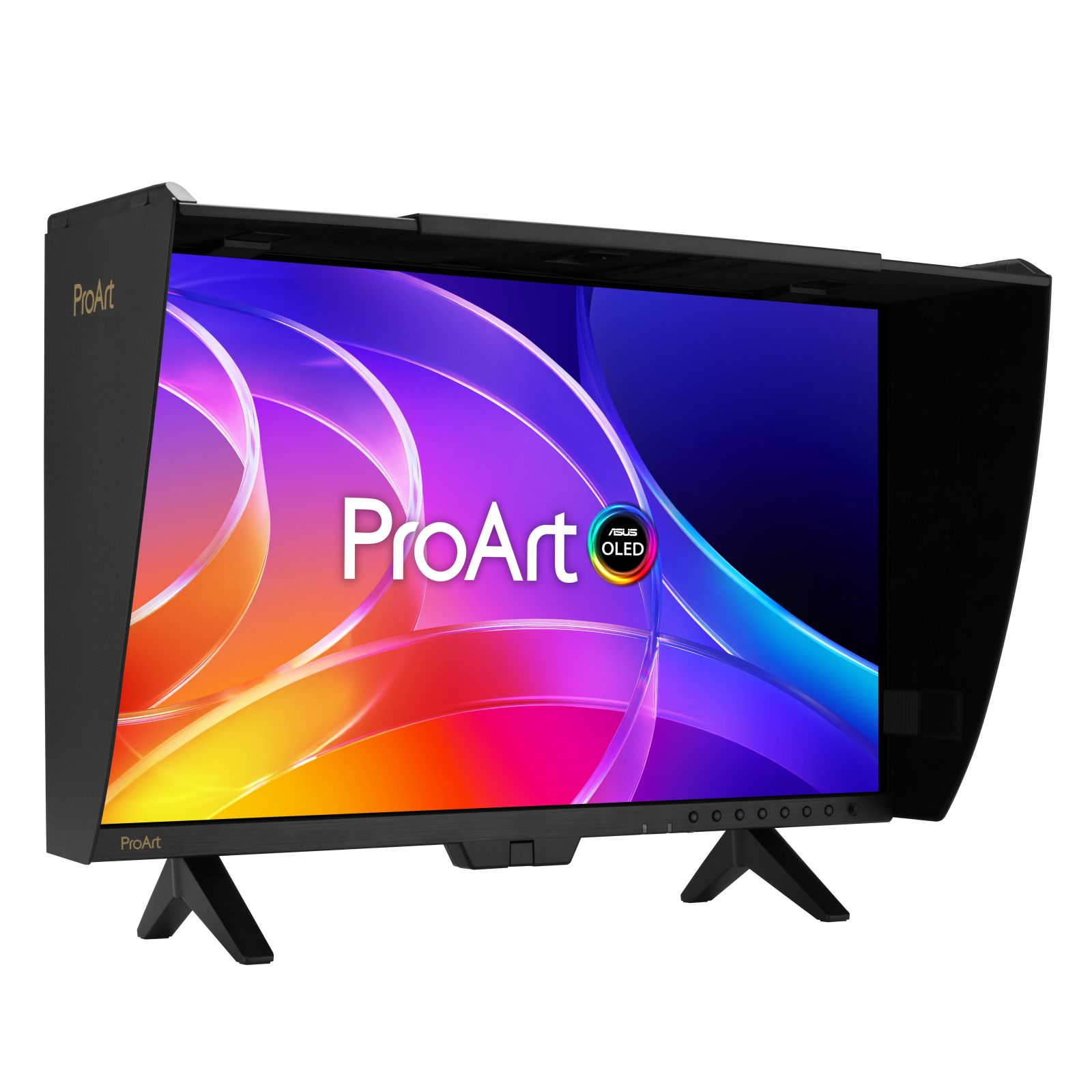 Monitor ASUS ProArt OLED con parasol y fondo de pantalla abstracto.