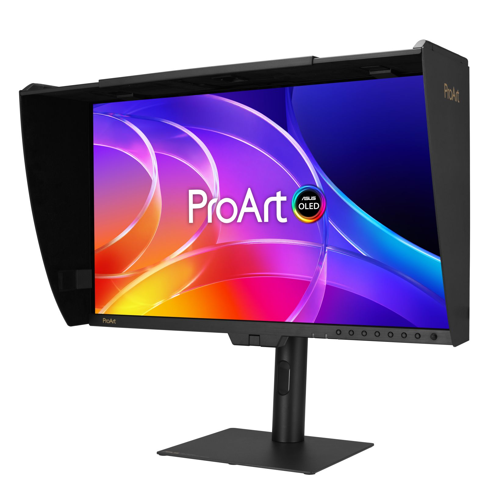 Un monitor ASUS ProArt OLED negro con una pantalla colorida y una capucha negra, inclinado a la derecha sobre un fondo blanco.