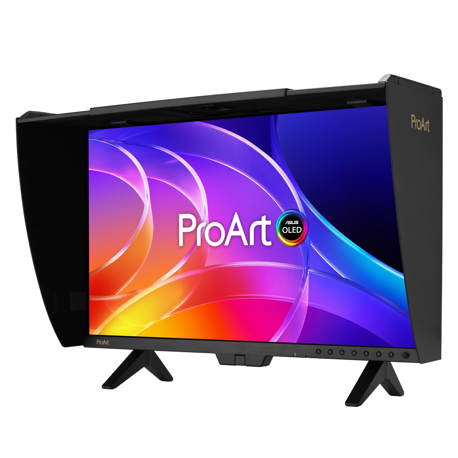 Un monitor ASUS ProArt OLED negro muestra un colorido fondo de pantalla abstracto.