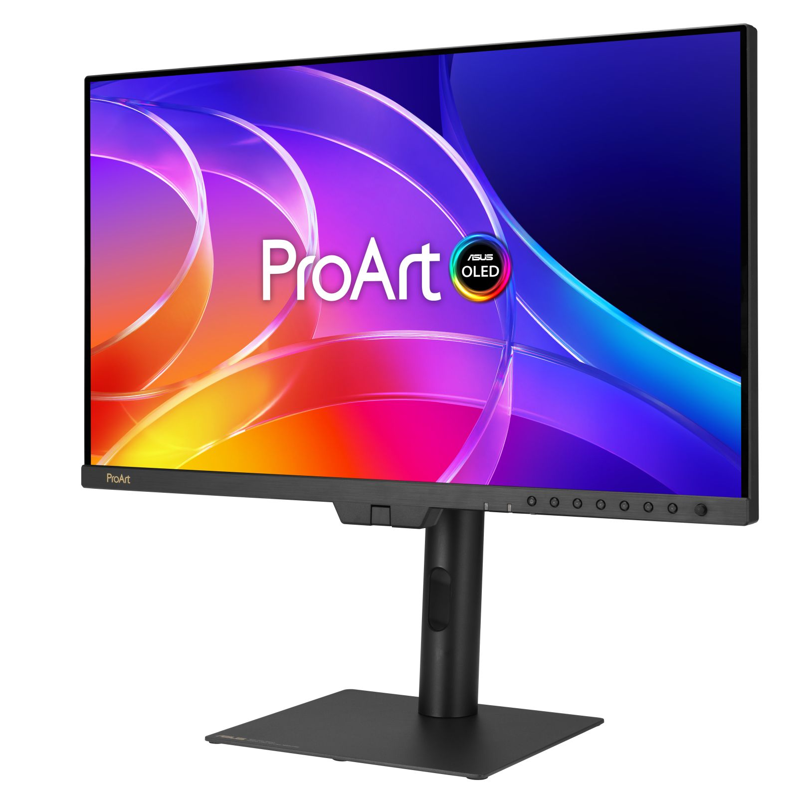 Monitor ASUS ProArt OLED con fondo abstracto colorido y soporte.