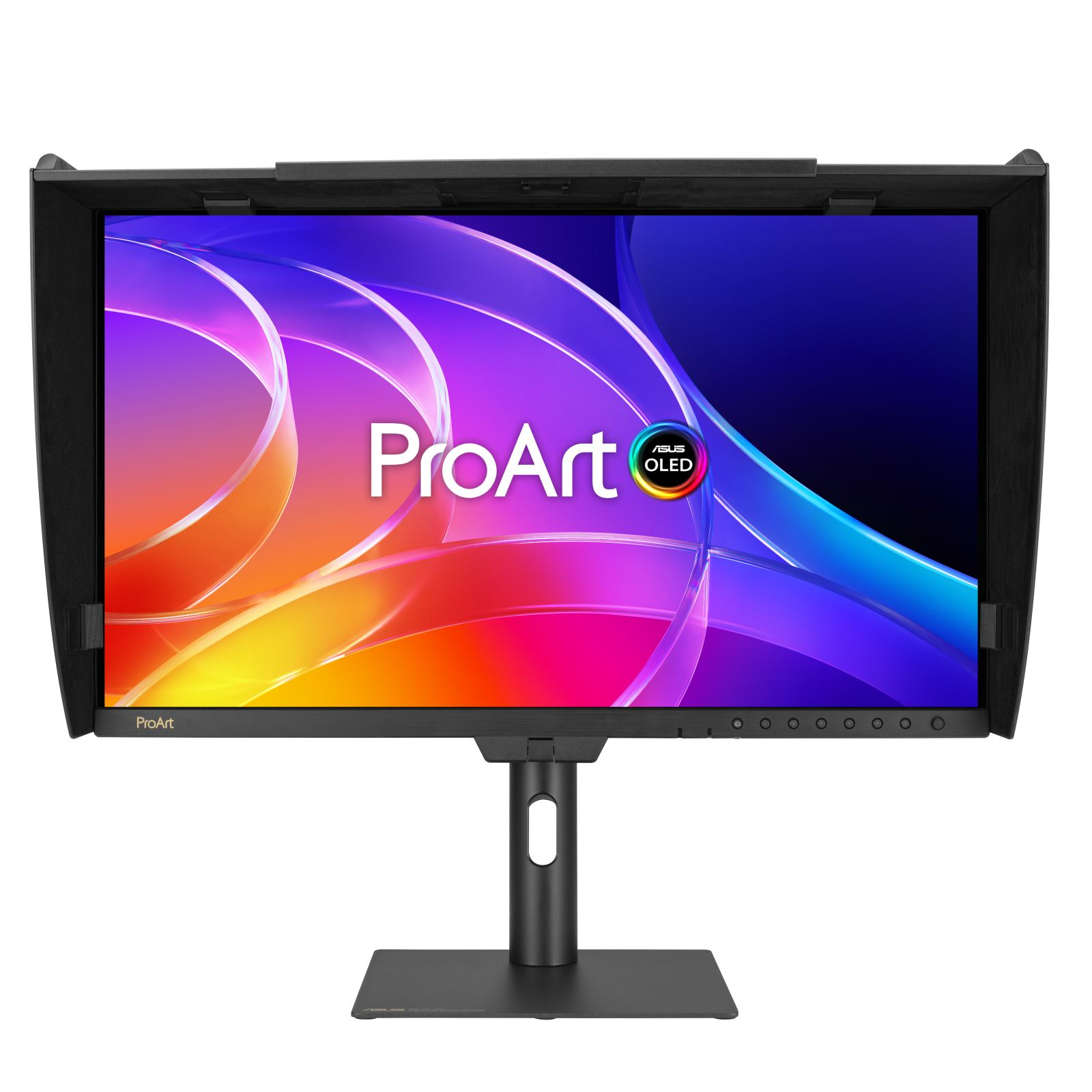 Un monitor negro con un fondo abstracto y colorido, sobre un soporte.