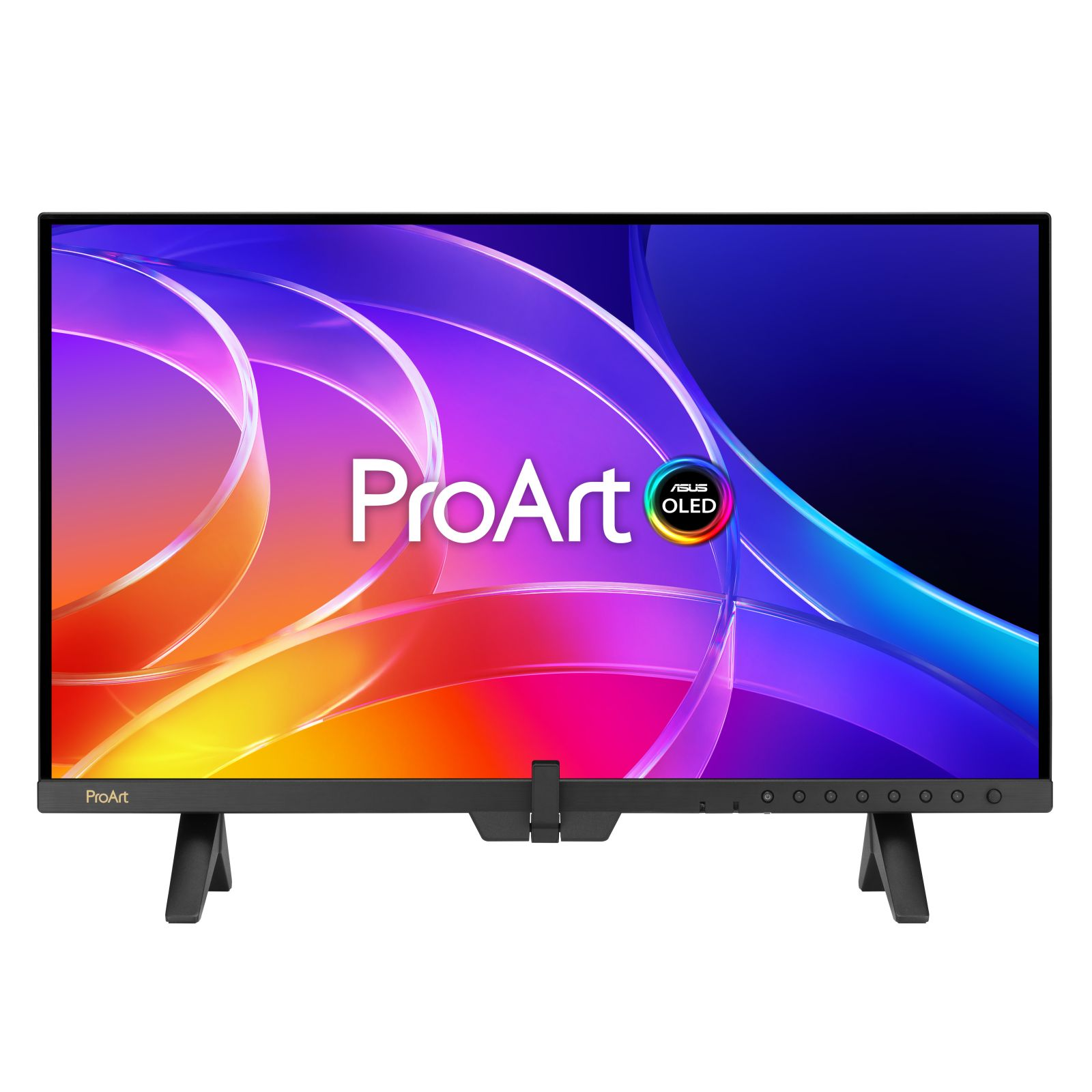 Un monitor negro con fondo vibrante y el logo ProArt OLED.
