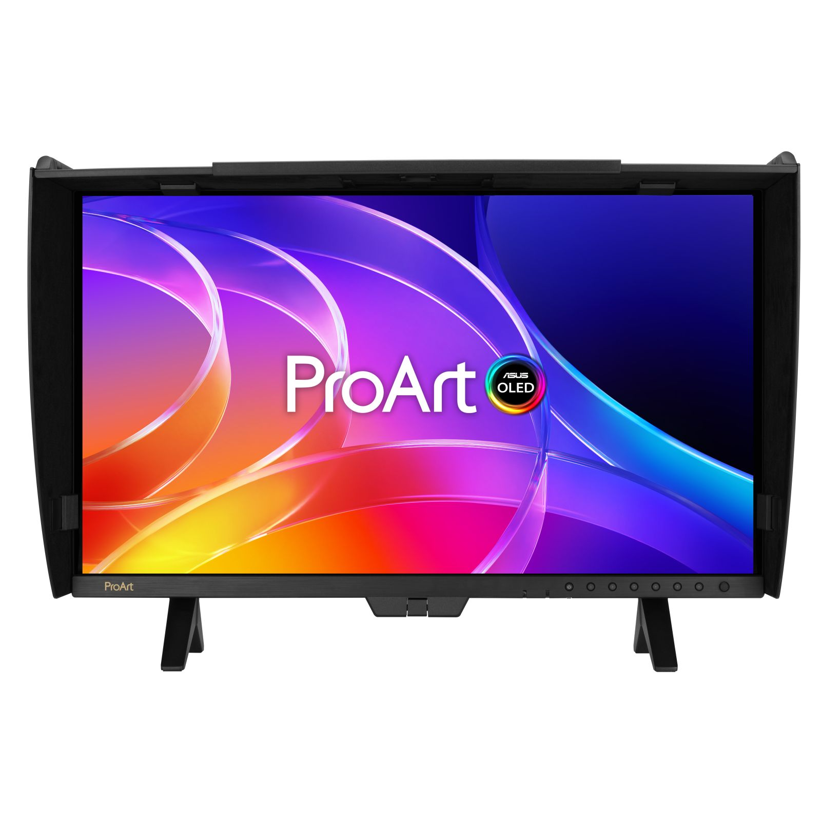 Un monitor ProArt OLED con fondo abstracto colorido y parasol.