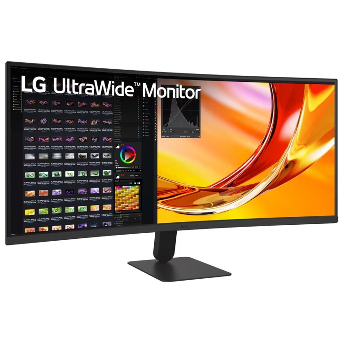 Un monitor ultra-largo LG mostra un'interfaccia software con immagini e una grafica astratta.