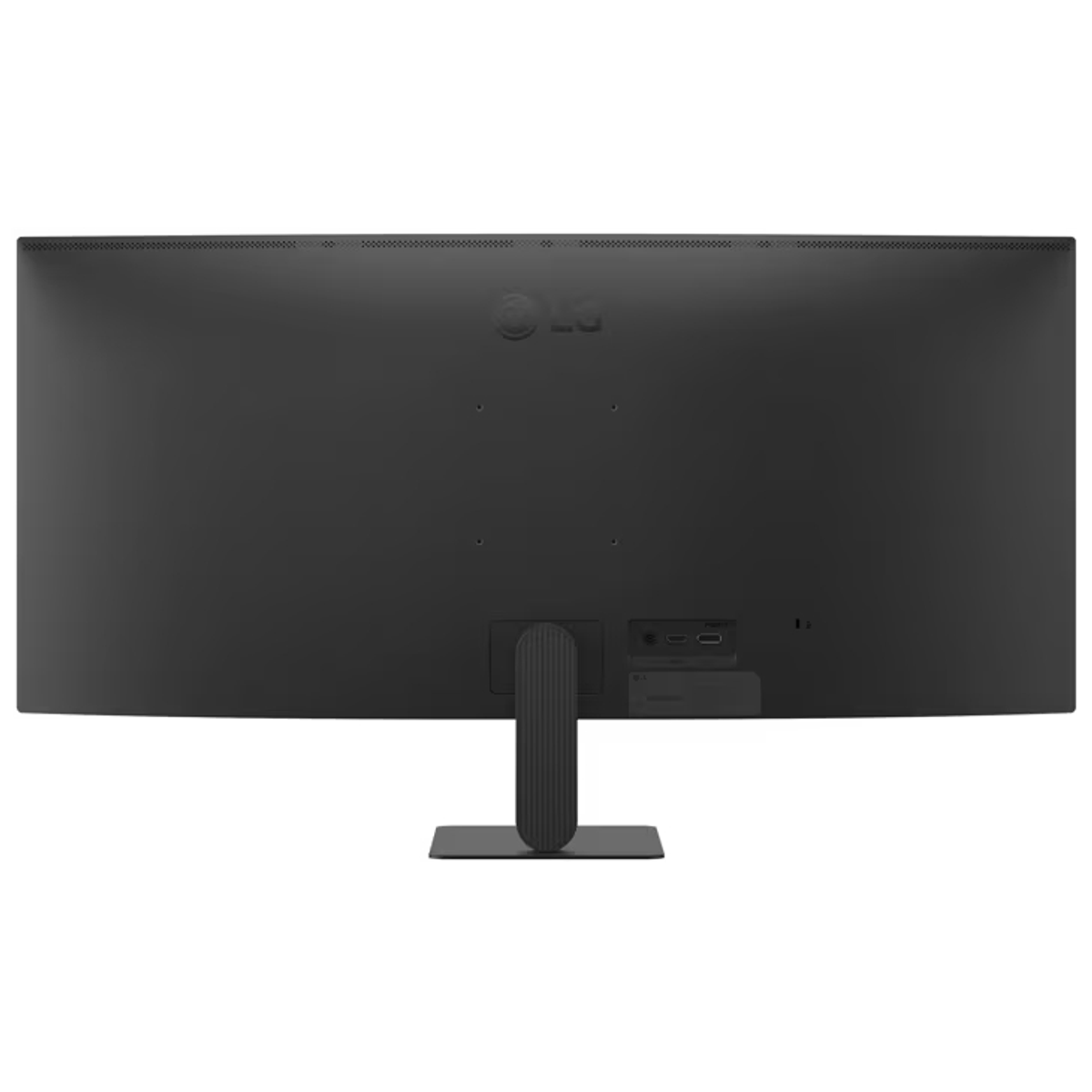 Retro di un monitor LG nero con porte e supporto. Design pulito.