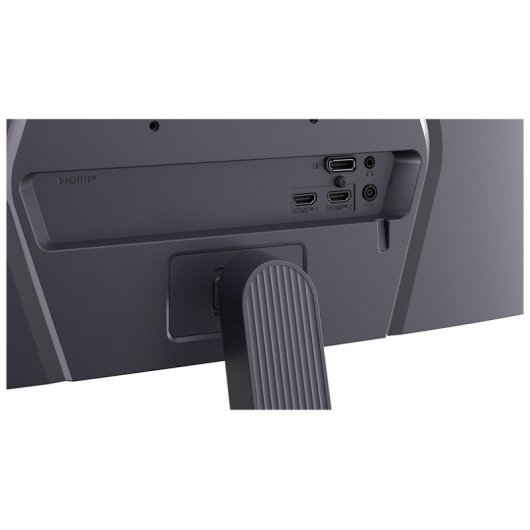 Widok z tyłu ciemnoszarego monitora przedstawiający różne porty: HDMI, DisplayPort i gniazda audio. Widoczna jest również podstawka.