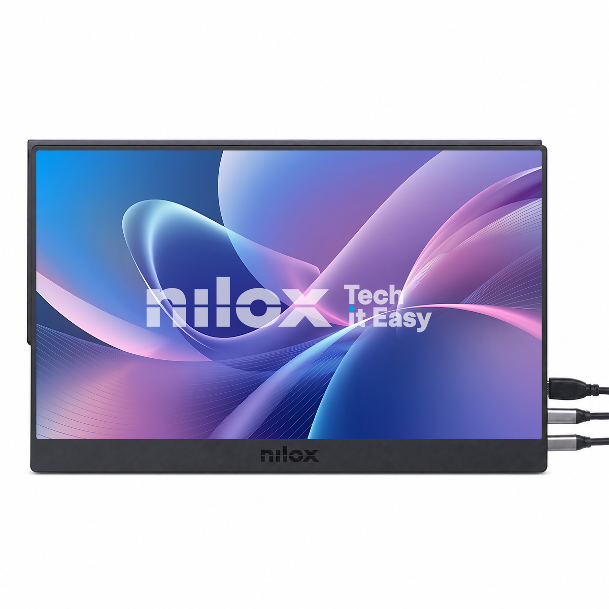 Un monitor portatile con grafica a onde blu e viola e logo Nilox.