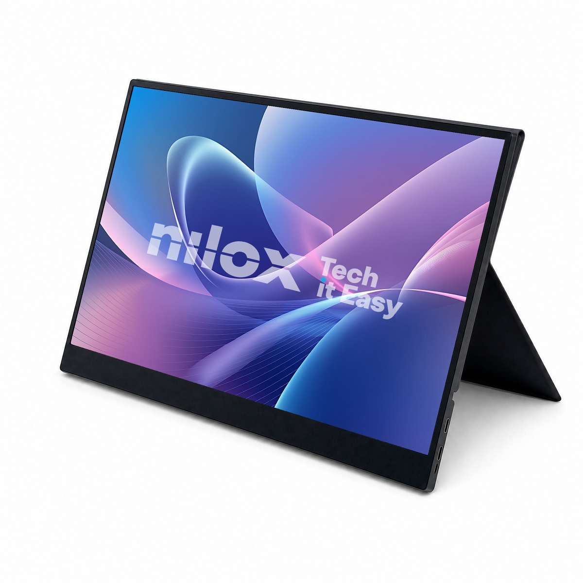 Un monitor portatile con uno sfondo elegante e il logo Nilox.