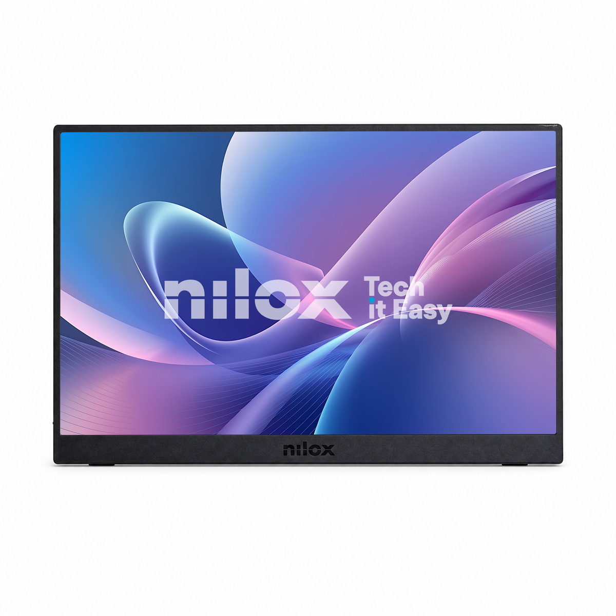 Un monitor Nilox con uno sfondo astratto nei toni del blu e del viola.