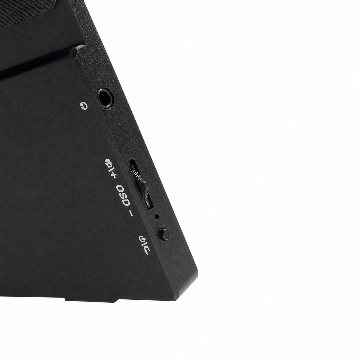 Dispositivo elettronico nero con porte ed etichette.