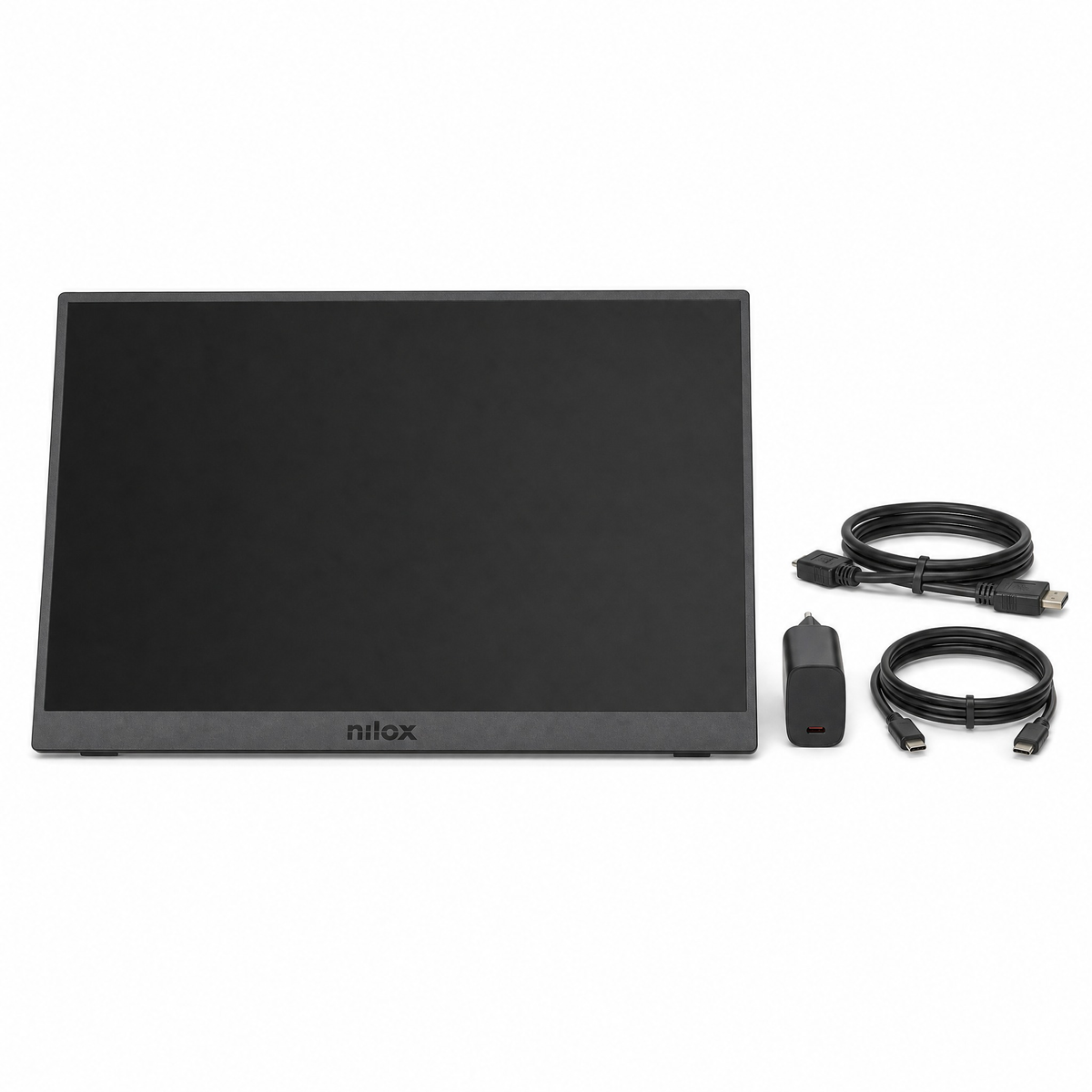 Monitor Nilox nero con alimentatore e cavi su sfondo bianco.