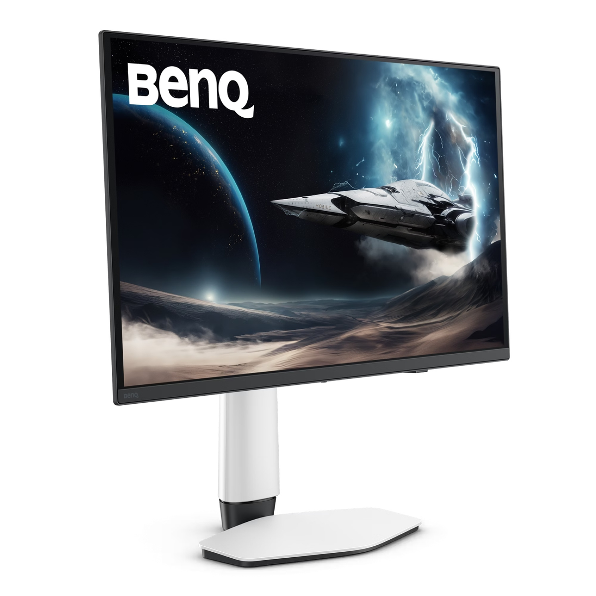 Un monitor BenQ muestra una nave espacial volando junto a un planeta y relámpagos en el espacio.